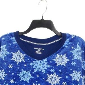Nautica Pajama Lounge Top Womens Size M Blue White V-Neck Snowflake Print Fleece